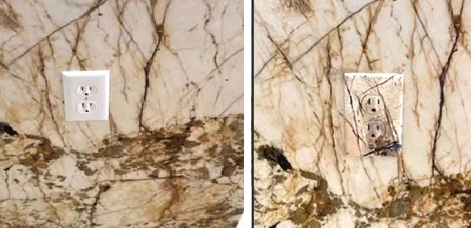 Before and after covering a switchplate to match the surrounding marble wall