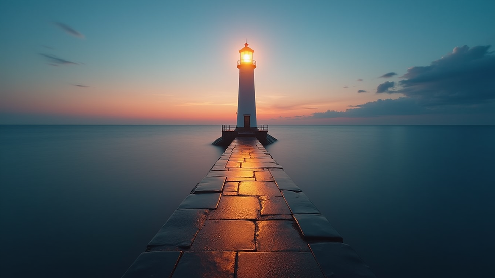 Eye-level view of a lighthouse shining over a calm sea at dusk