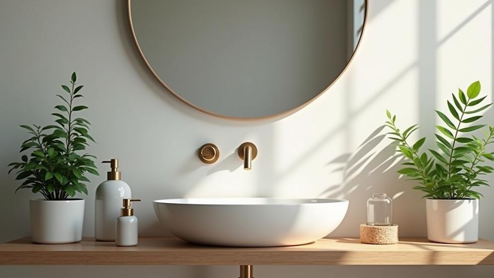 Close-up view of bathroom accessories and plants on a wooden shelf