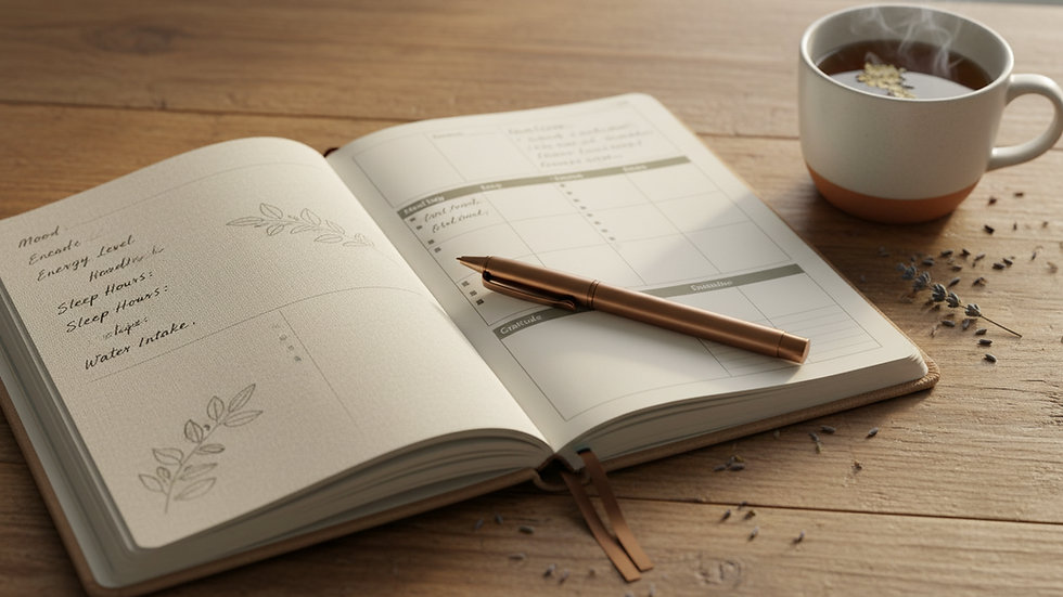 Close-up view of a notebook with a health journal and a pen on a wooden table