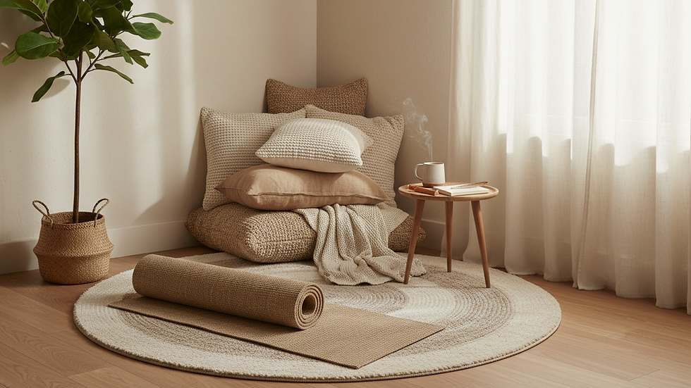 Eye-level view of a cozy corner with a yoga mat and soft cushions