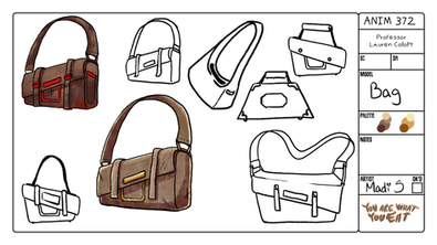 Eight drawings of leather satchel bags.