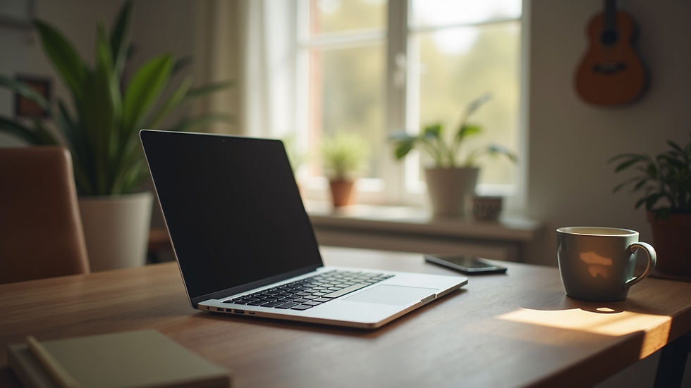 Eye-level view of a cozy home office setup with a laptop and coffee cup