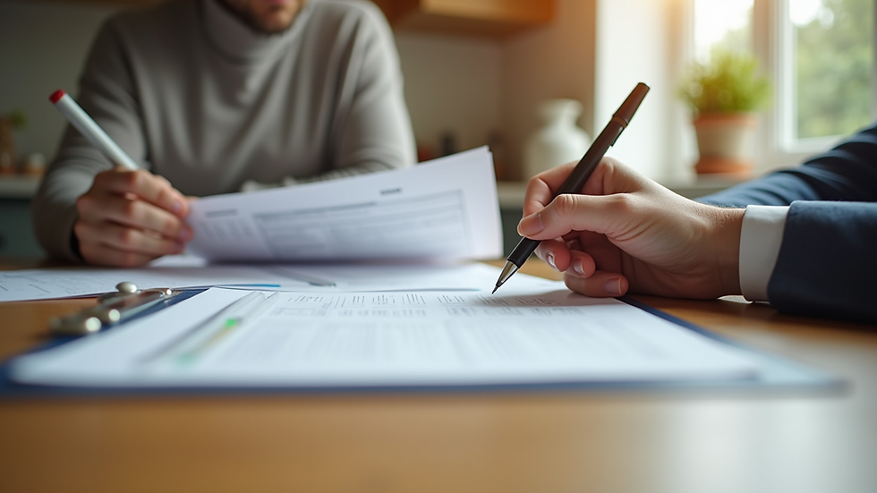 Close-up view of a homeowner reviewing insurance documents at a kitchen table