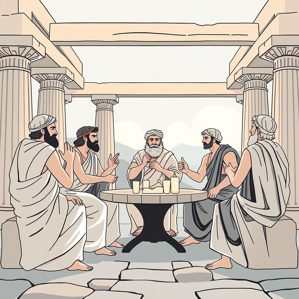 Ancient Greek philosophers engage in a discussion about women's health amidst a backdrop of classical architecture, notably absent of female presence.