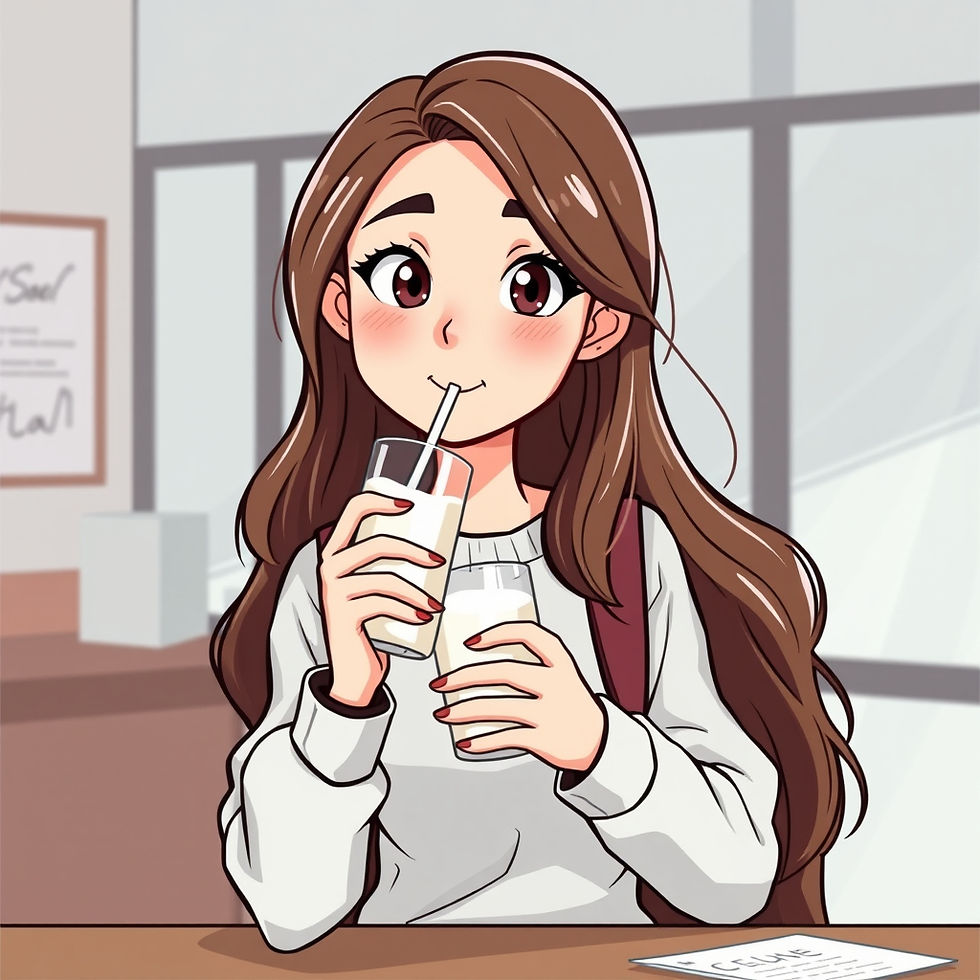 A young woman enjoys a glass of milk, promoting healthy bone mass development to prevent osteoporosis. Image created by AI.