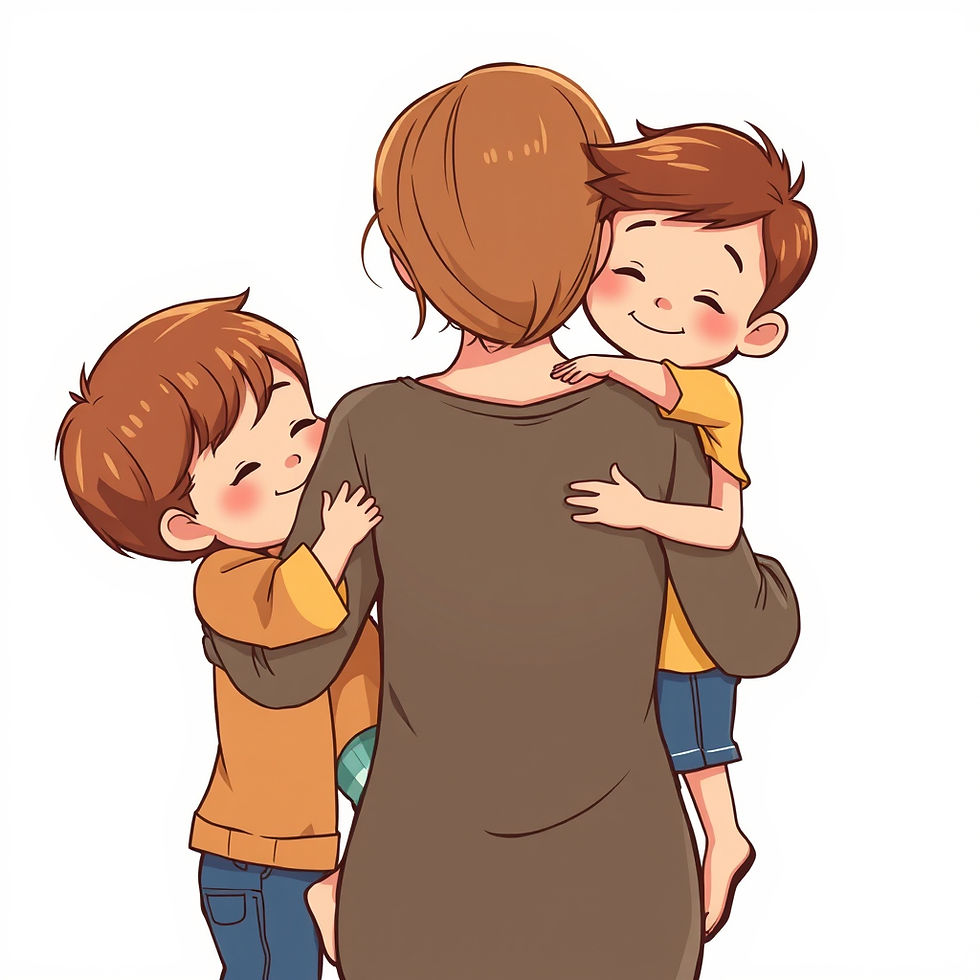 A warm embrace: a mother lovingly holds her two smiling children.