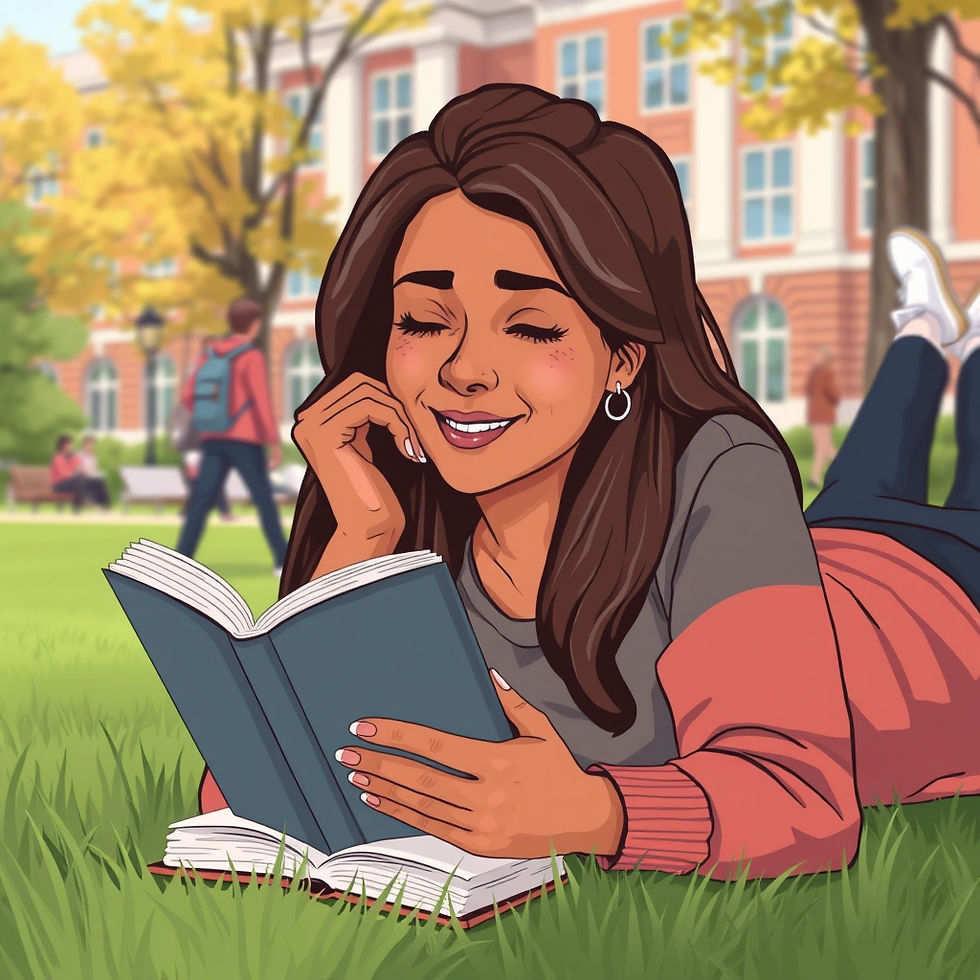 A middle-aged woman enjoys a peaceful moment reading on a college campus, embodying the confidence and joy that come with age. Image created with AI.
