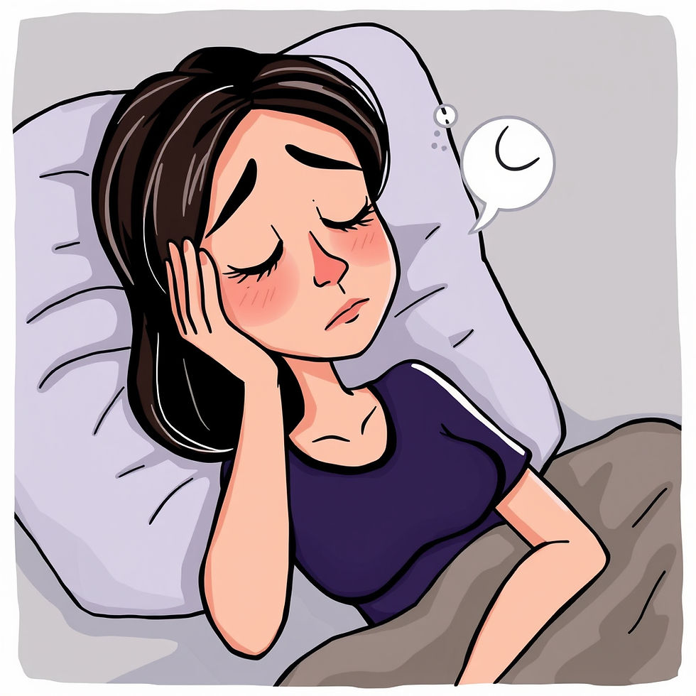 A woman lies in bed struggling with insomnia, anxiety, and headache, common symptoms of perimenopause.