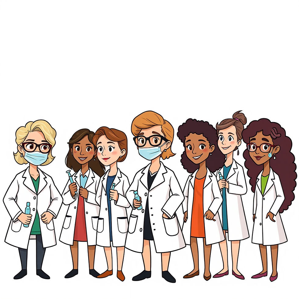 A diverse group of animated women scientists proudly donning lab coats and holding laboratory equipment, showcasing their commitment to scientific research and innovation.