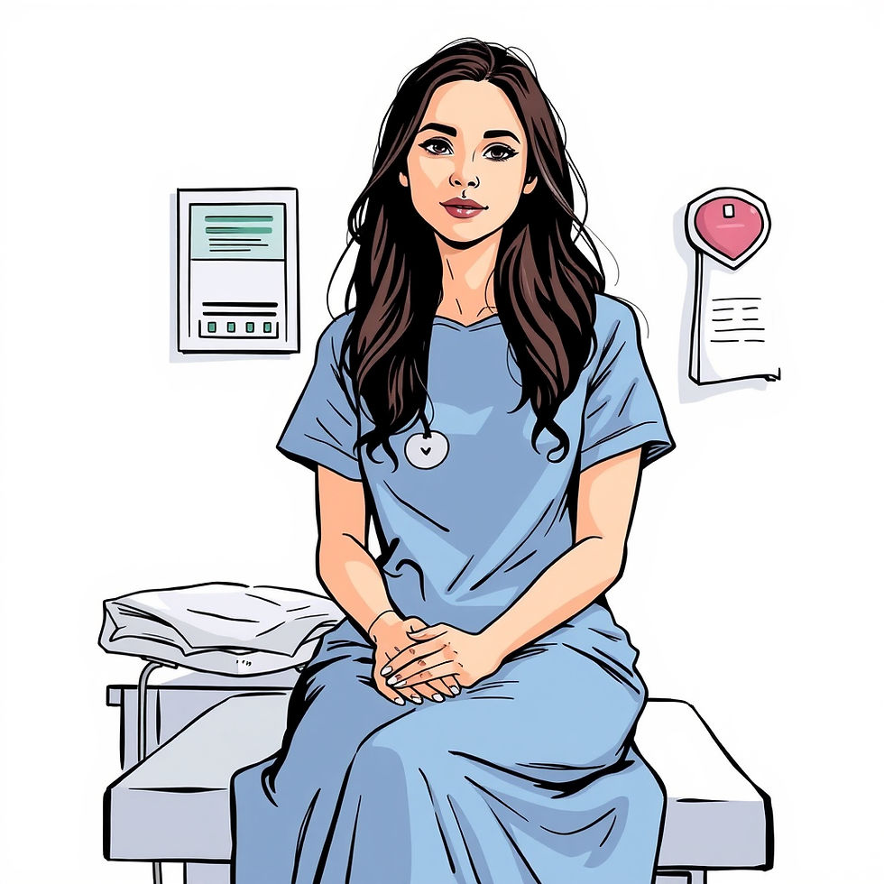 A woman sits on an examination table in a hospital gown, awaiting her medical consultation. Photo created by AI.