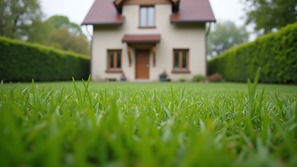 Eye-level view of a residential house exterior with a well-maintained lawn