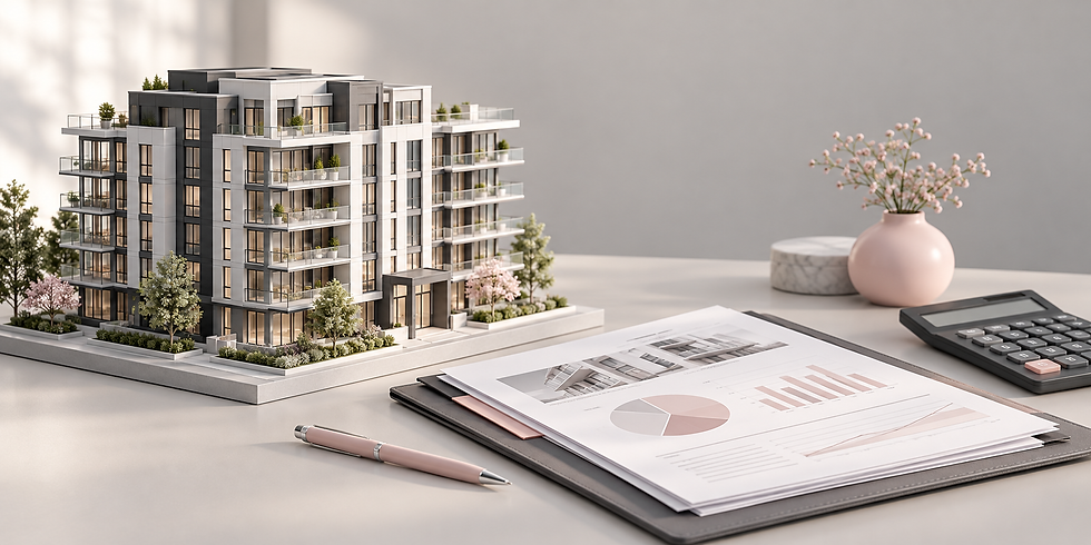 Illustration of a condominium building beside financial documents and a calculator