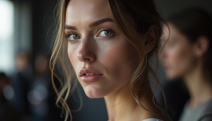 Eye-level view of a model preparing backstage with a calm and focused expression