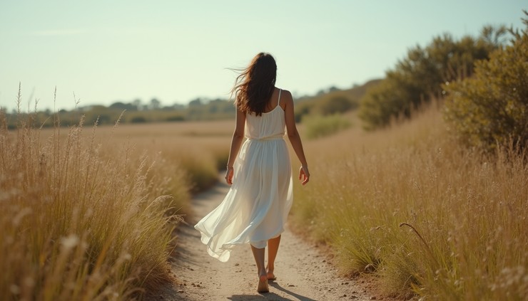 High angle view of a model walking confidently on a natural path, symbolizing personal growth and self-expression