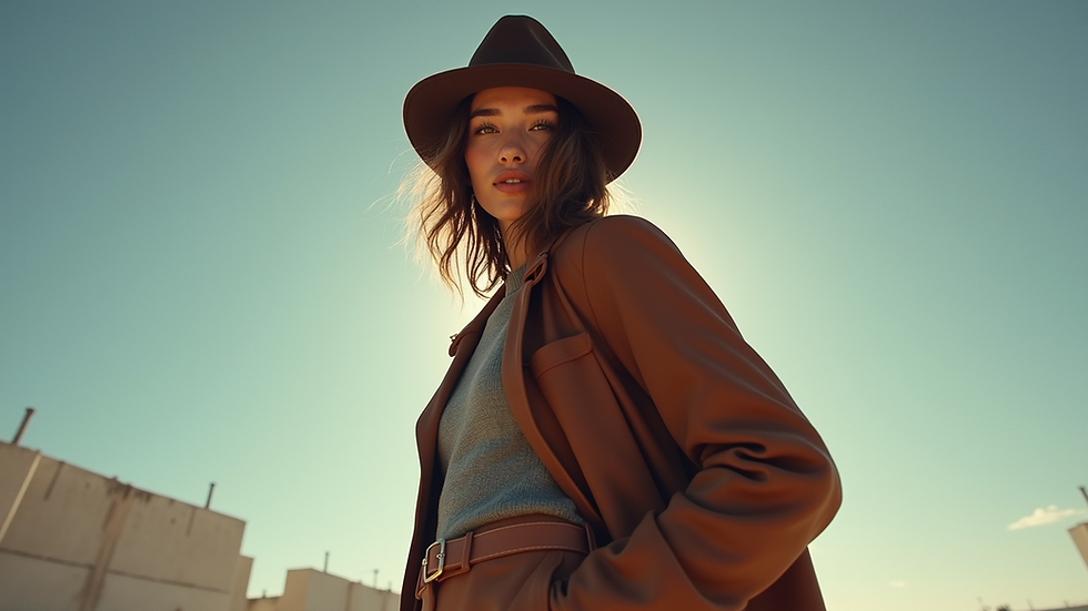 Eye-level view of a petite model posing confidently in a stylish outfit