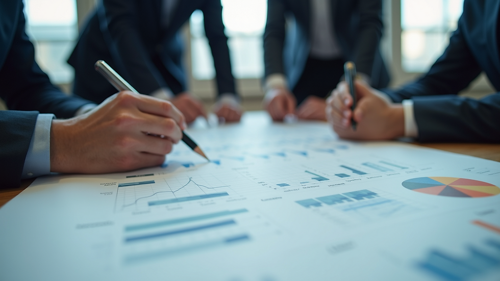 Eye-level view of a business team analyzing workflow charts on a conference table