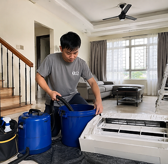 Technician servicing wall mounted aircon unit in Singapore home