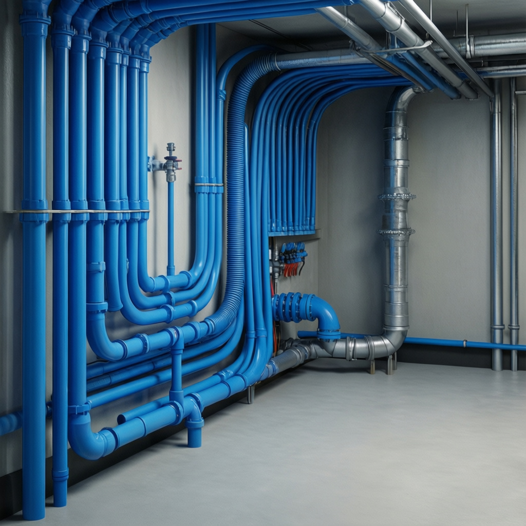 Commercial pipework example (AOT project portfolio) — industrial blue pipe runs in a plant room