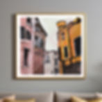Print of acrylic painting titled “Meeting Venice painting III” capturing a colourful street scene in Venice, Italy