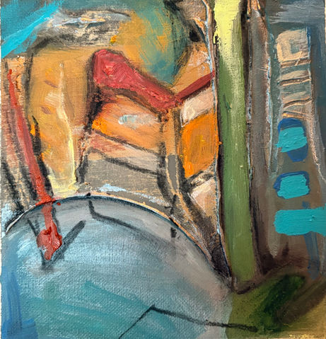 bright, textured abstract painting in colors of orange, yellow, red, aqua, green, gray, and black
