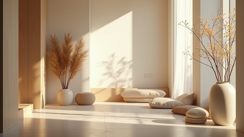 Eye-level view of a serene meditation space with calming decor