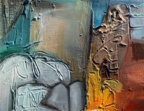 bright, textured abstract painting in colors of orange, yellow, red, aqua, green, gray, and black