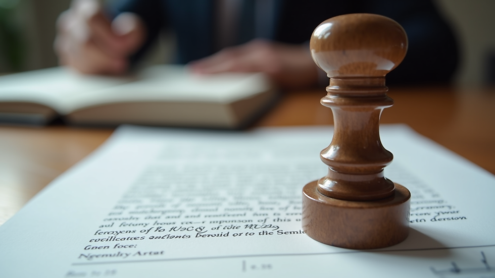 Close-up view of a notary stamp and signed document on a desk