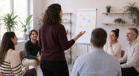 Sabrina Fiechter moderiert einen interaktiven Workshop im Kreis – Workshops und Dialogformate für Teams und Organisationen
