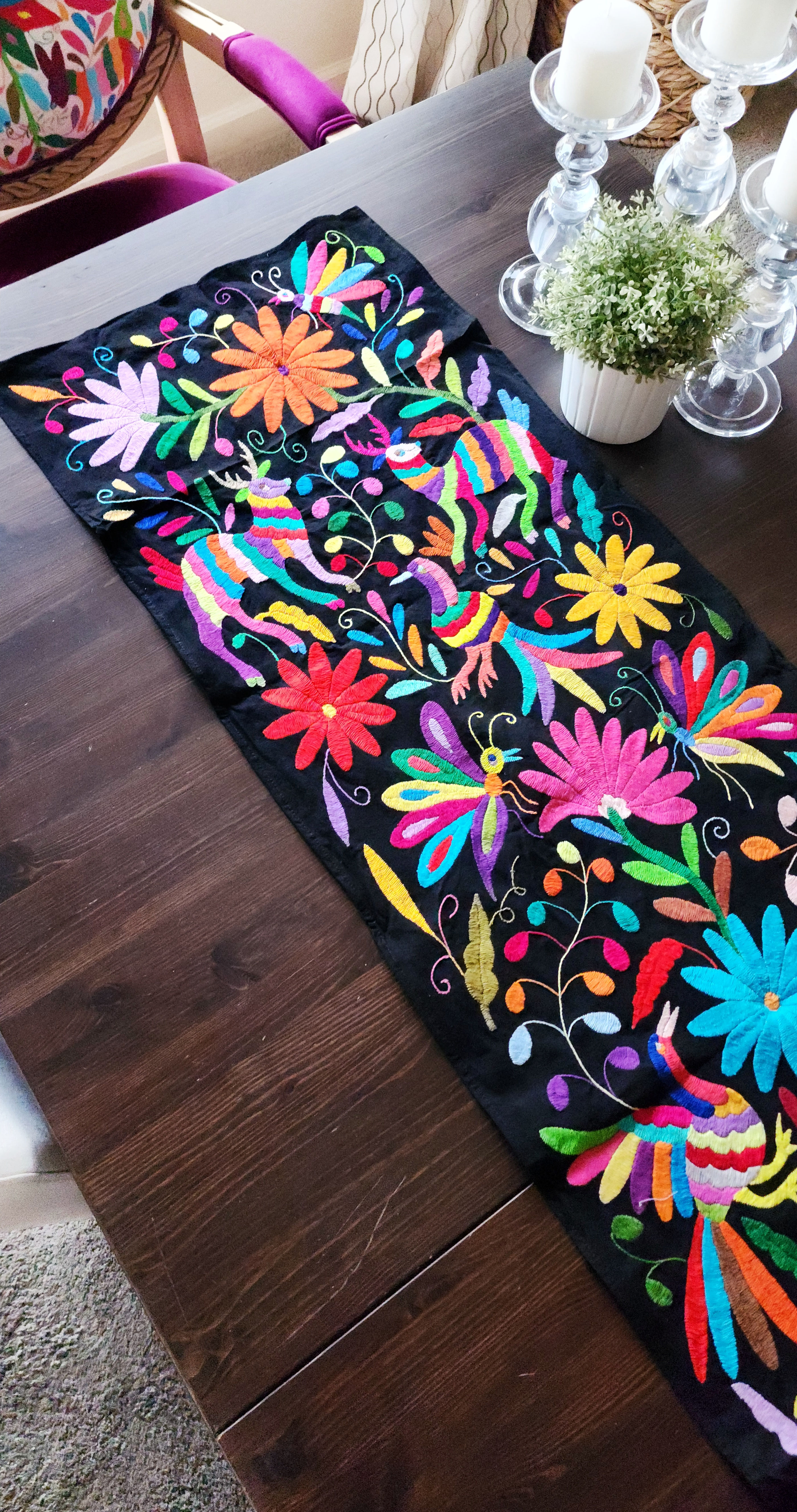 Table Runner Multicolor embroidered on black cotton fa