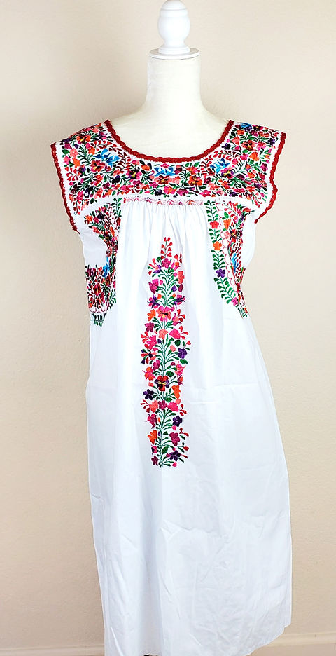 Oaxaca Dress White tone, Muticolor hand embroidered silk threads Oaxaca Dress White tone, Muticolor hand embroidered silk threads