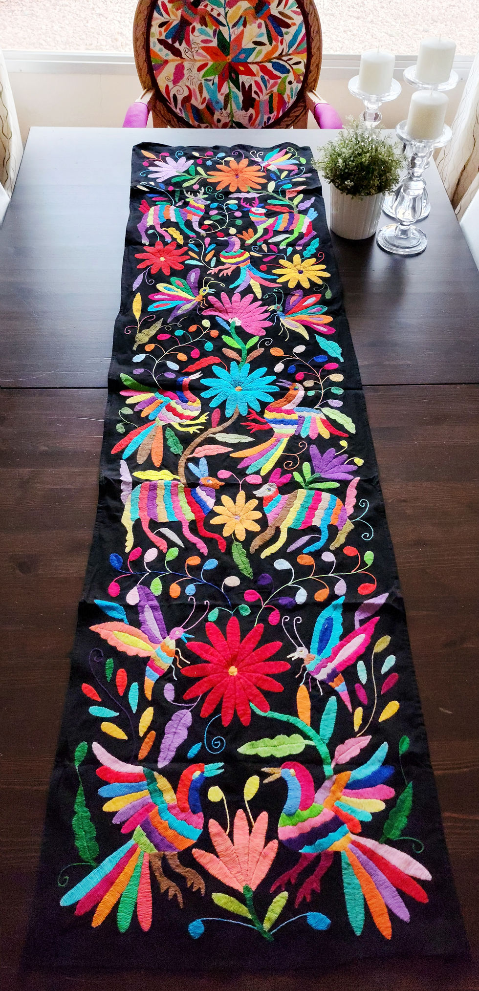 Thumbnail: Table Runner Multicolor embroidered on black  cotton fa