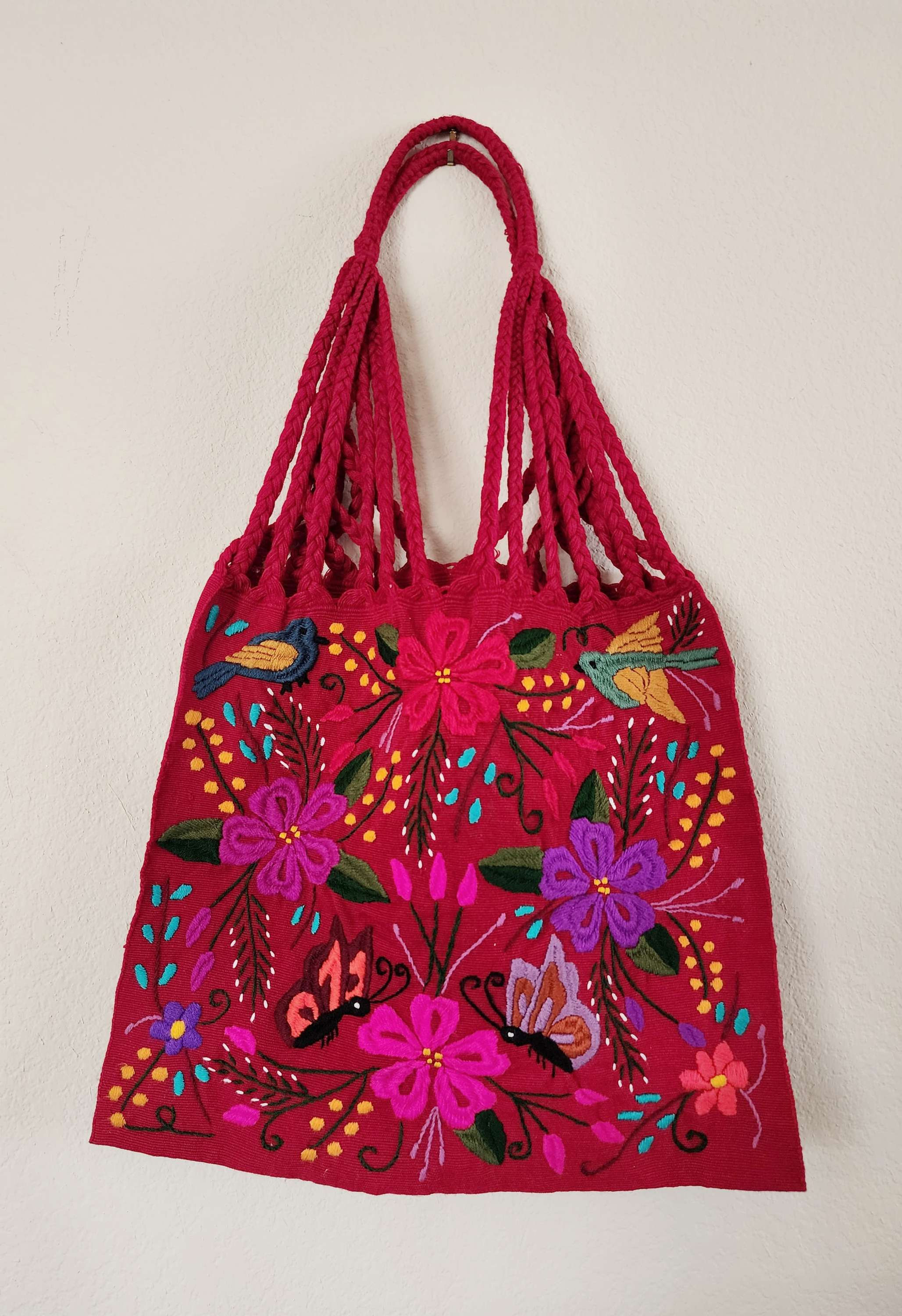 tote bag, red, hand made, hand woven, mexican crewel, chiapas, jungle, birds, Mexico