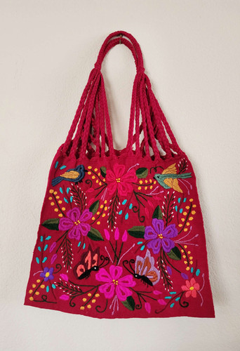 Chiapas tote color red straw handmade wove in backstrap loom bag