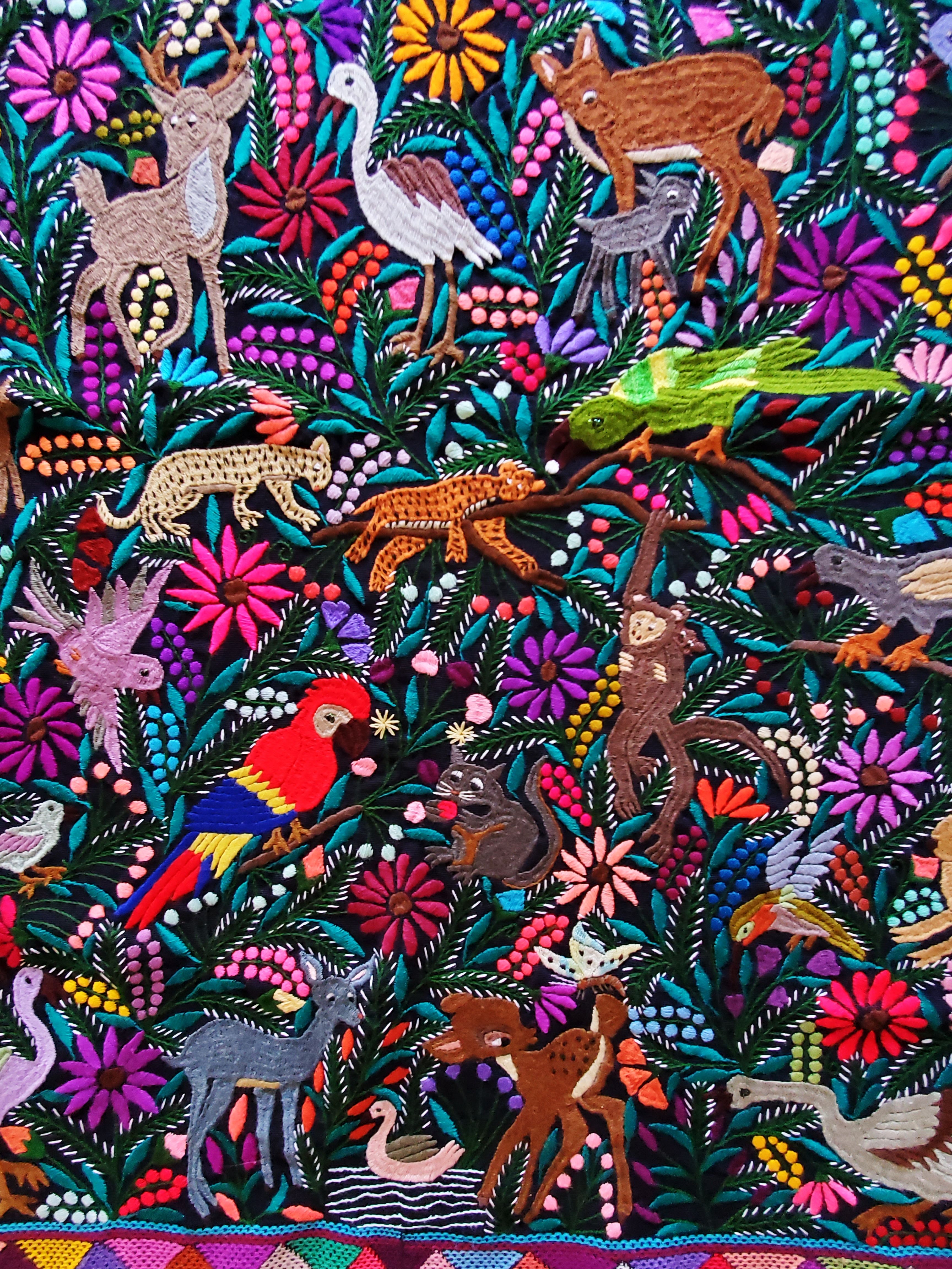 mexican jungle embroidered fabric, maya textile, mexican embroidered fabric, mexican crewel work, me