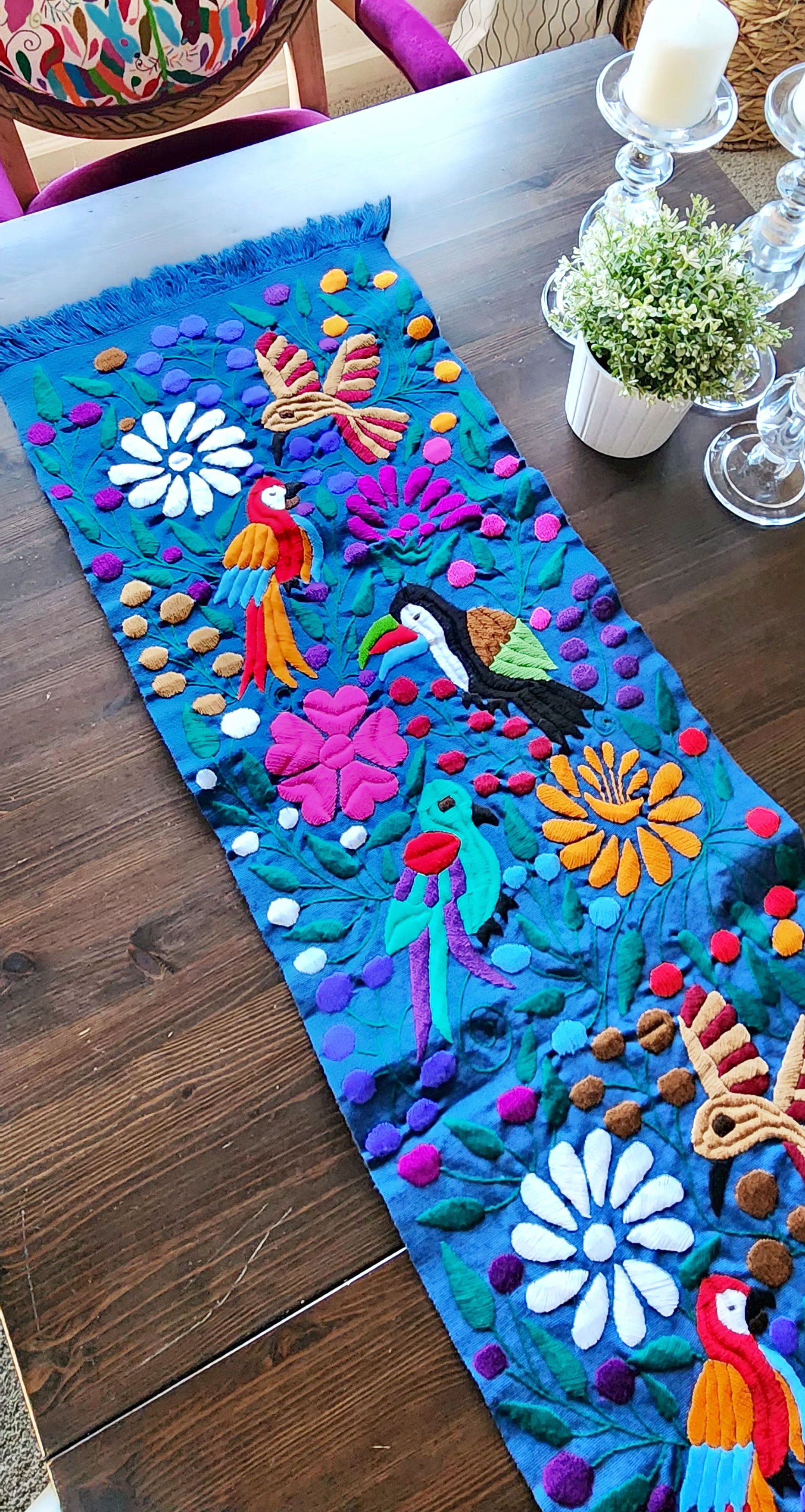 TableRunnerwith birds, hand-woven in a Blue tone and multicolor