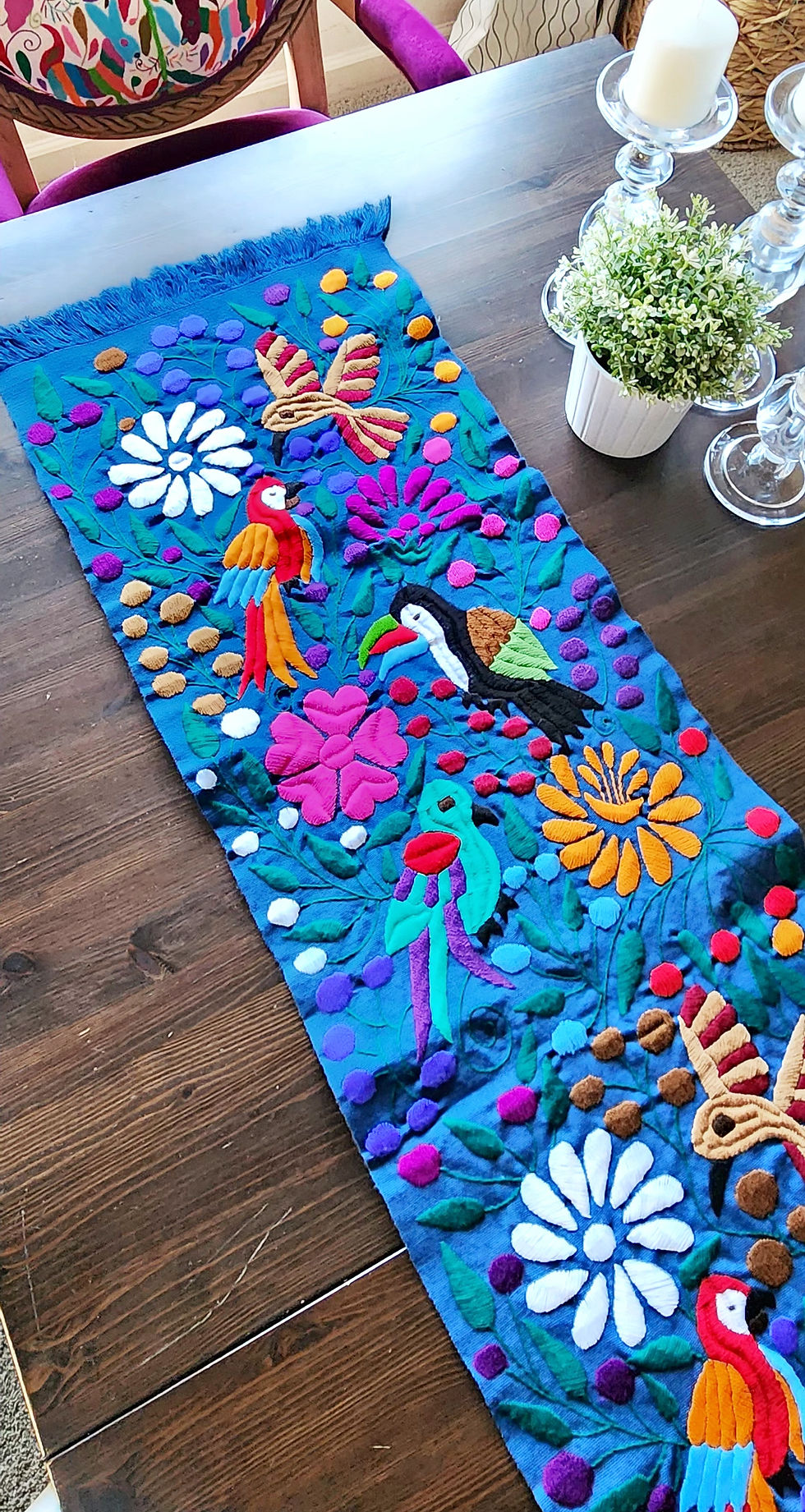 TableRunnerwith birds, hand-woven in a Blue tone and multicolor