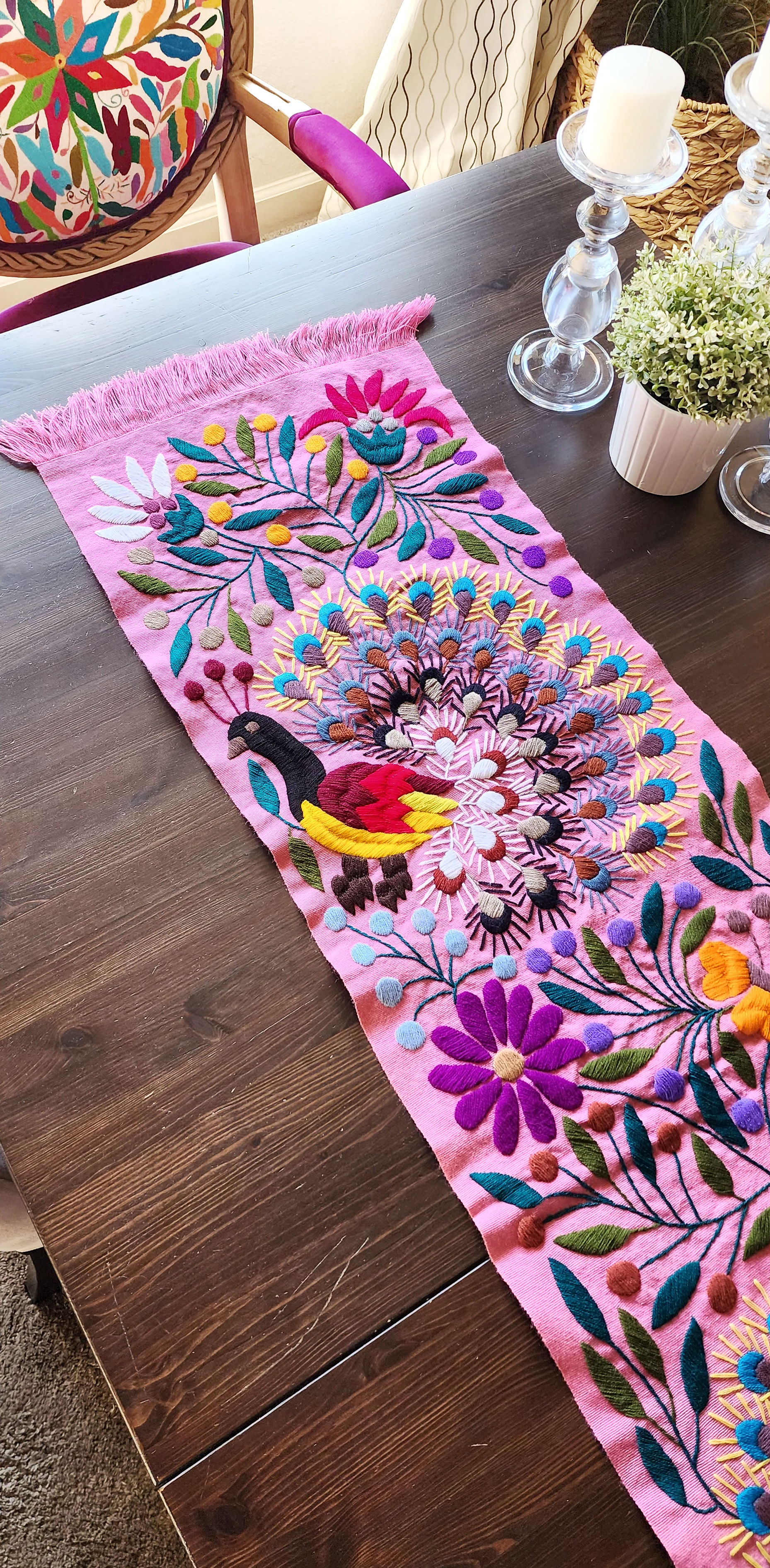 Table Runner Pink with Peacocks hand embroidered and multicolor birds and flowe