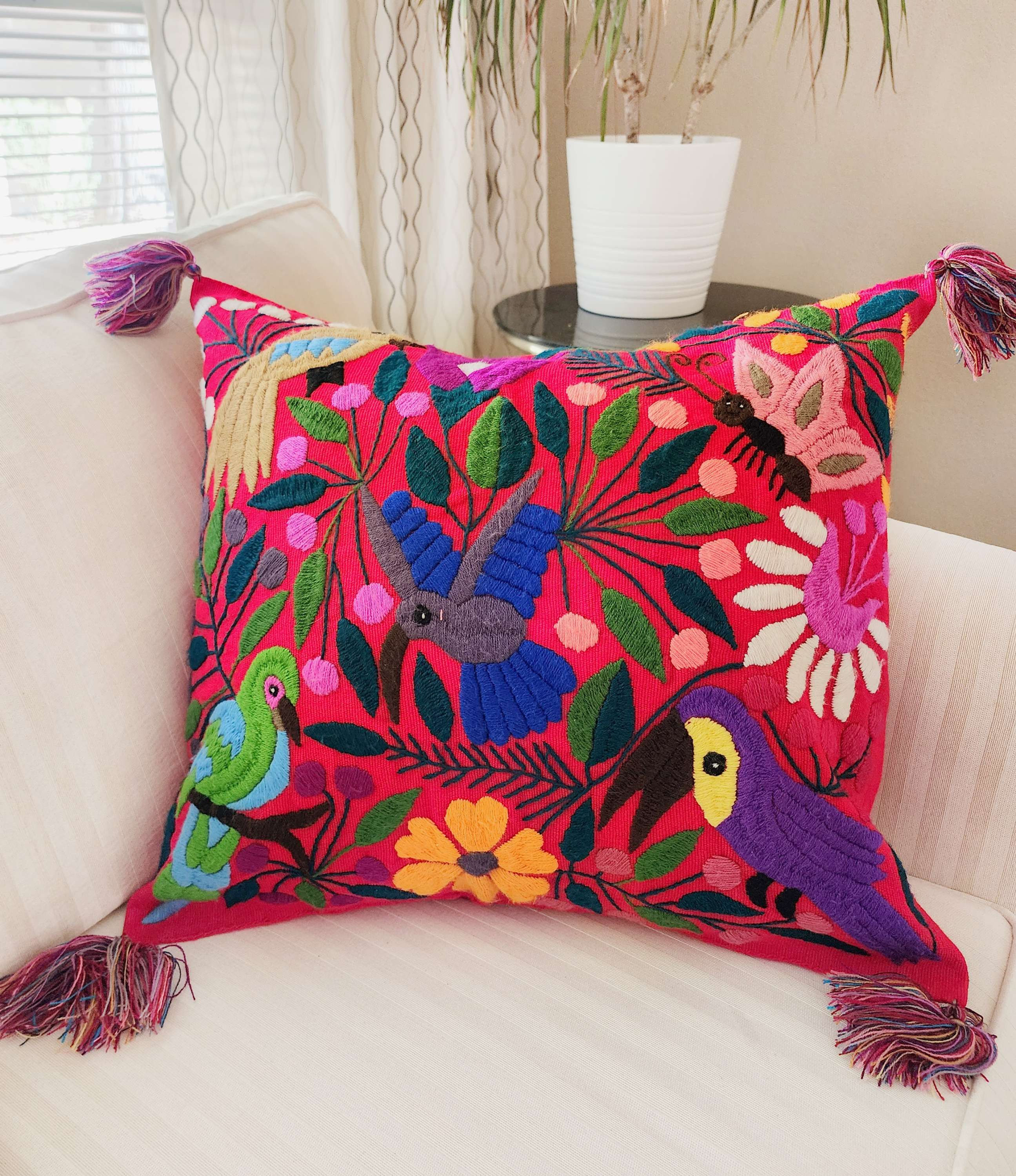 Chiapas Pillow Cover 20"x20" green tone fabric with guacamayas and