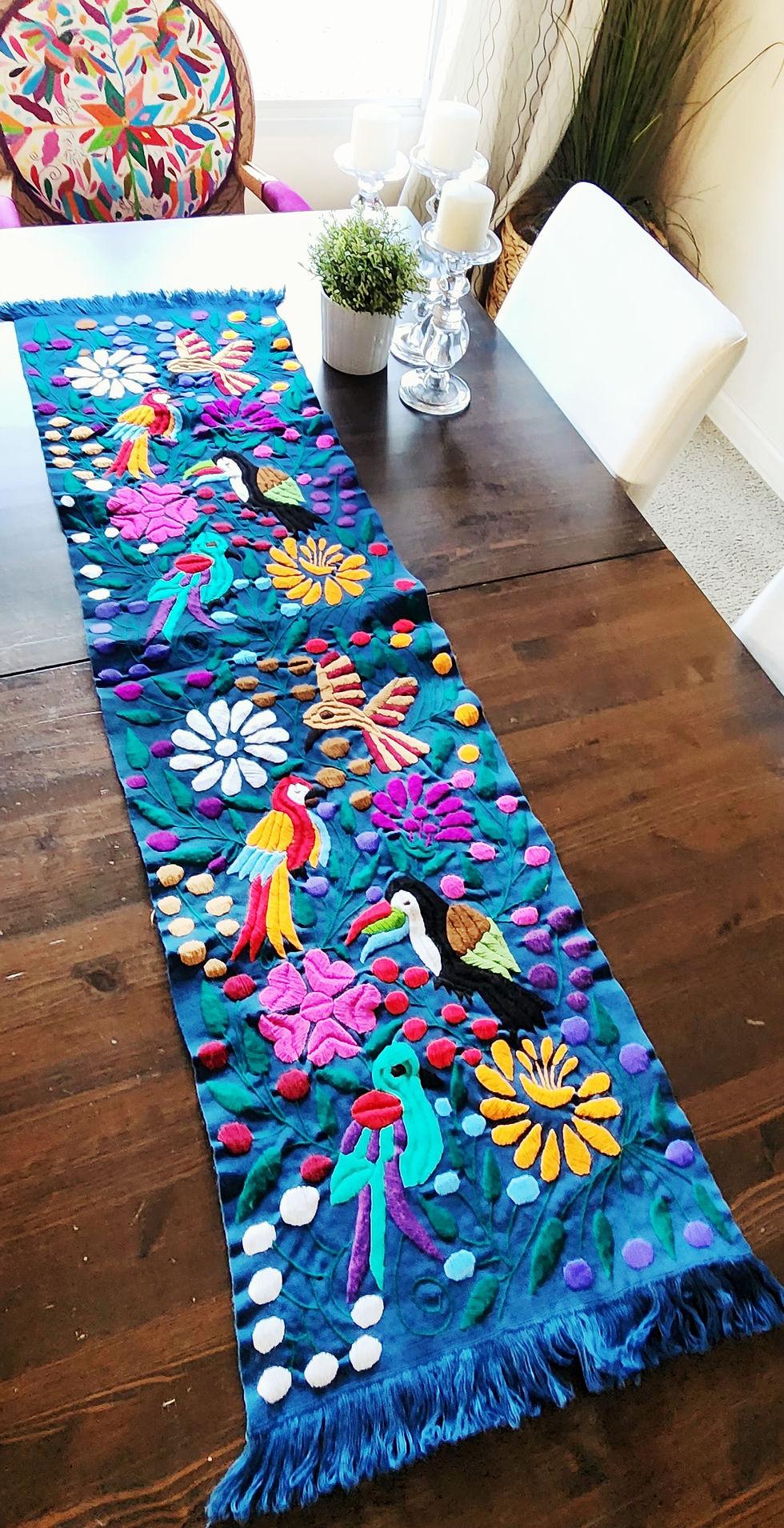 Thumbnail: TableRunnerwith birds, hand-woven in a Blue tone and multicolor 