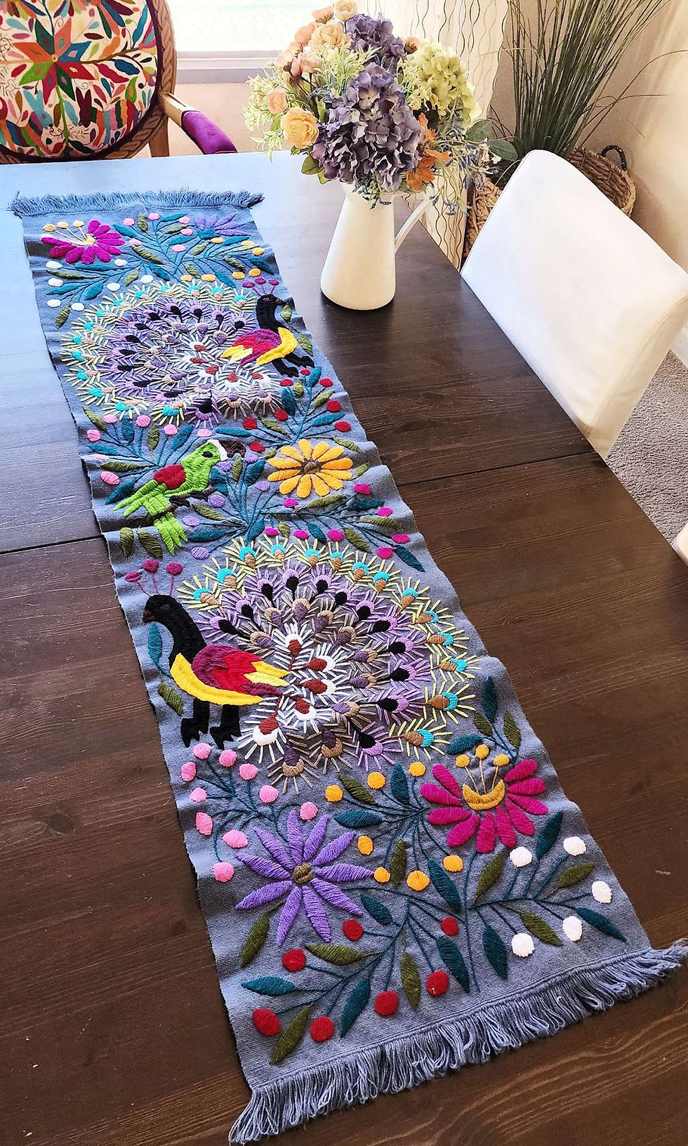 Thumbnail: Table Runner with Peacocks blue-gray, hand embroidered and multicolor flowers.