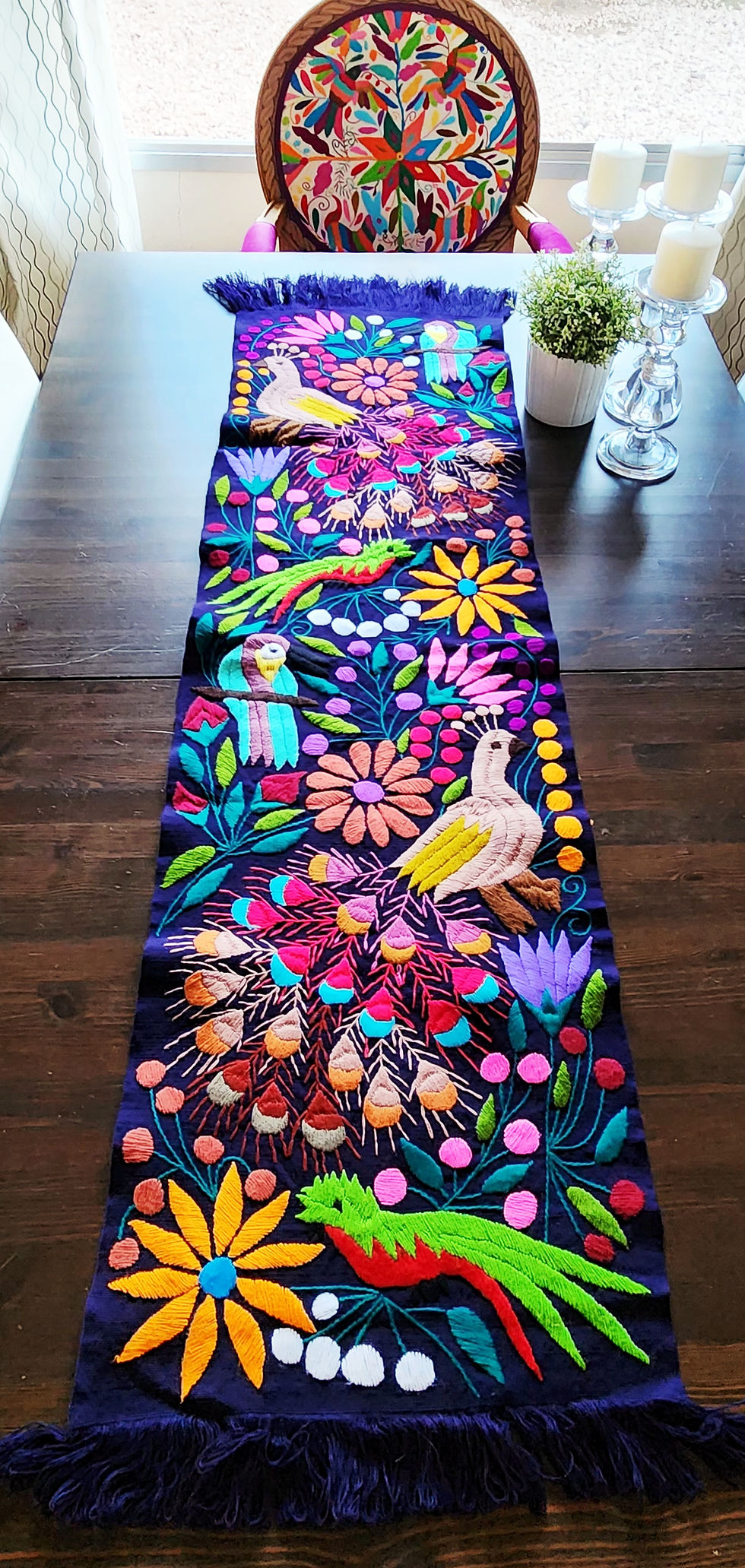 Table Runner with Peacocks hand embroidered and multicolor flowers and