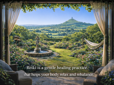 Tranquil countryside landscape with Glastonbury Tor in the distance and text explaining Reiki as a gentle healing practice for relaxation and balance