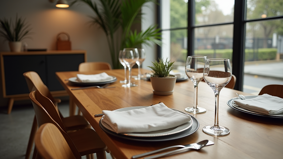 High angle view of a well-set dining area with a wooden table and chairs