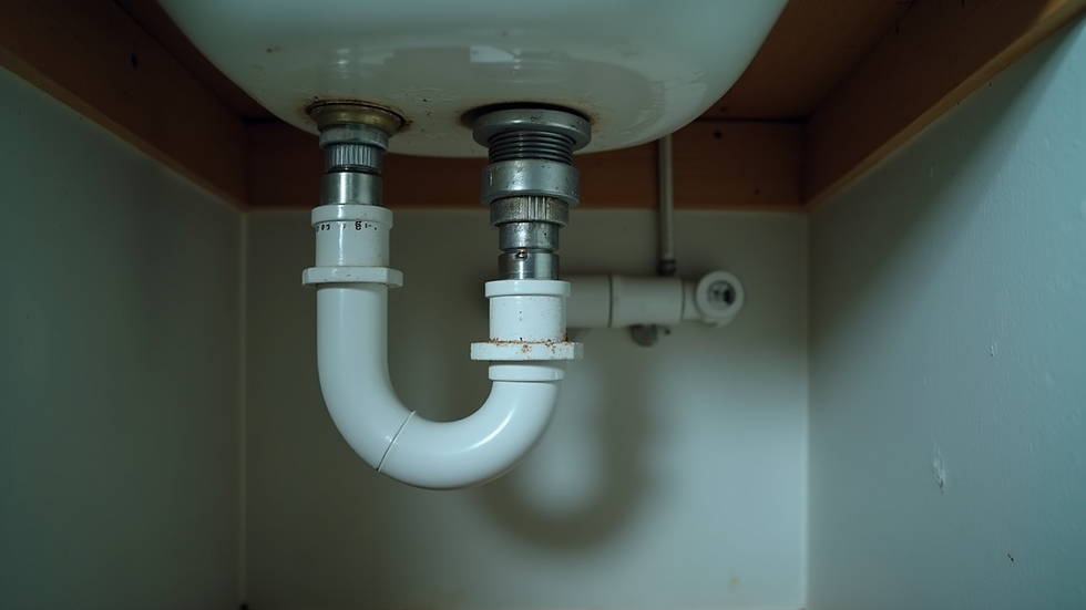 Eye-level view of kitchen plumbing under the sink