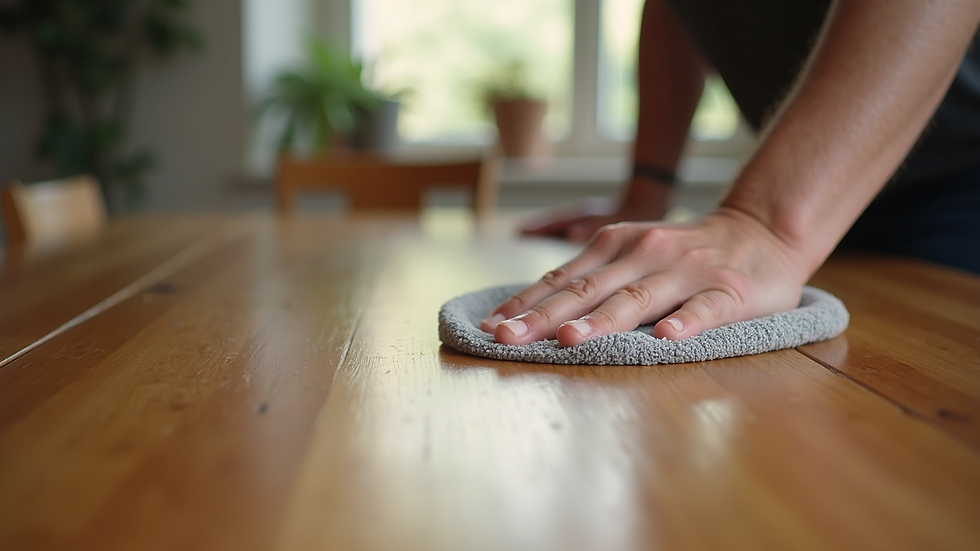 Close-up view of a wooden dining table being cleaned