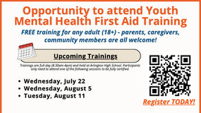 Youth Mental Health First Aid Training for any adult (18+) on July 22, August 5, August 11 (all day training from 8:30am-5pm)