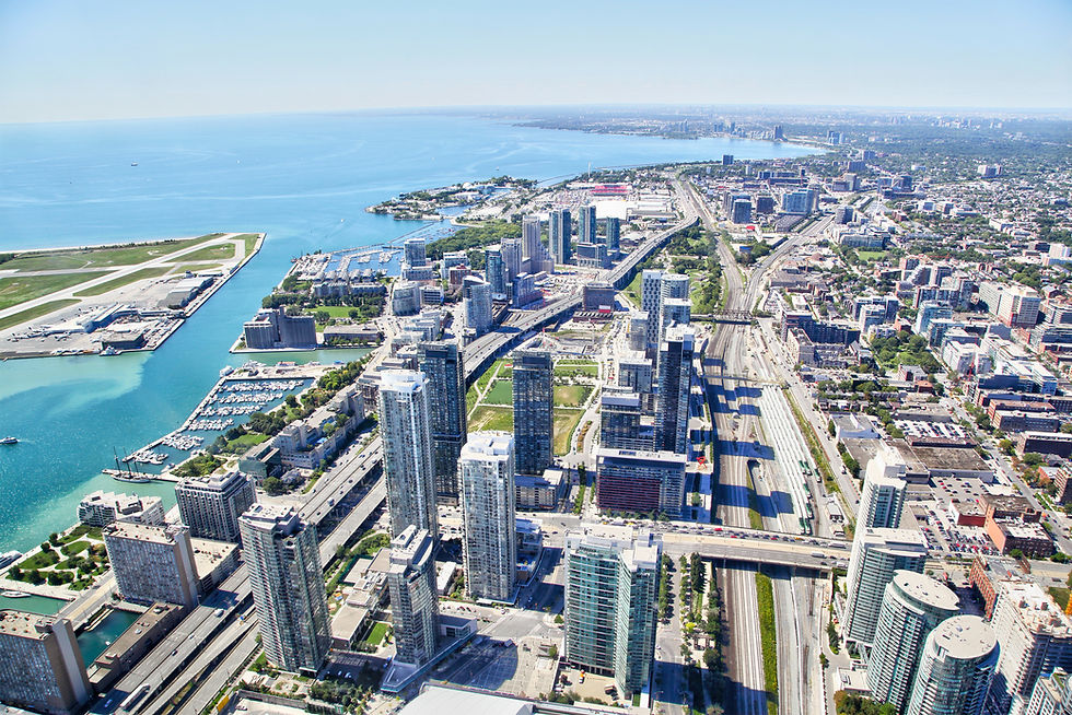 Aerial View of Toronto Cityscape and Harbourfront Along Lake Ontario