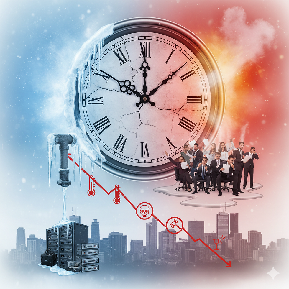 A conceptual image showing the rapid negative impacts of HVAC failure in a commercial building, with elements representing cold, heat, time running out, business impact, and legal issues.