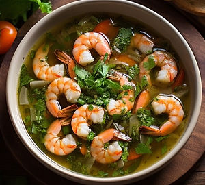 Shrimp and vegetable soup with a side of mixed greens